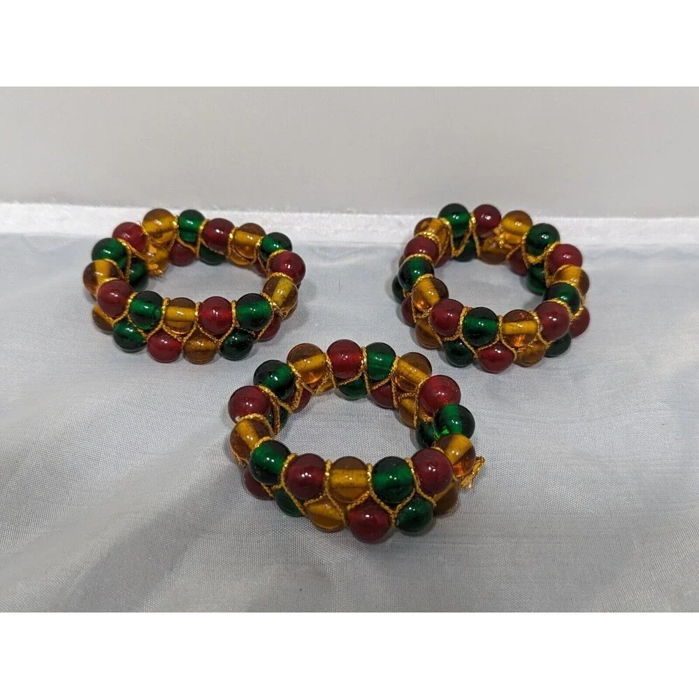 Amber Colored Red Green Gold Beaded Wire Set of 3 Napkin Rings